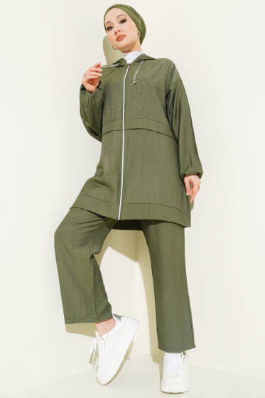 Fermuarlı Mini Taş Süslemeli İkili Takım Haki - İkili Takım