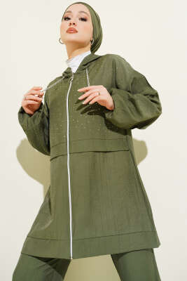 Fermuarlı Mini Taş Süslemeli İkili Takım Haki - İkili Takım