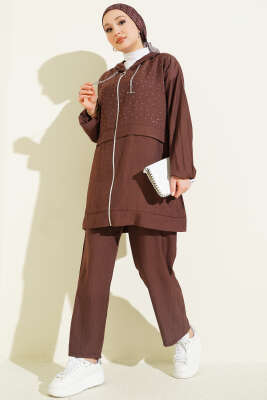 Fermuarlı Mini Taş Süslemeli İkili Takım Kahve - NESSİA