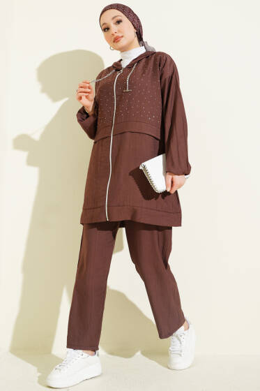 Fermuarlı Mini Taş Süslemeli İkili Takım Kahve - İkili Takım