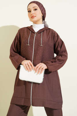 Fermuarlı Mini Taş Süslemeli İkili Takım Kahve - İkili Takım