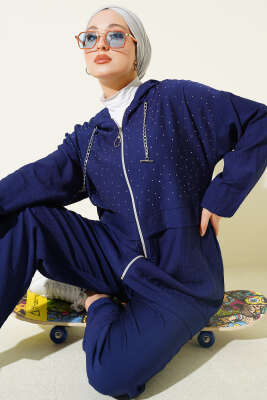 Fermuarlı Mini Taş Süslemeli İkili Takım Lacivert - NESSİA