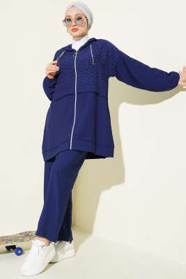 Fermuarlı Mini Taş Süslemeli İkili Takım Lacivert - İkili Takım