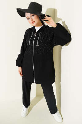 Fermuarlı Mini Taş Süslemeli İkili Takım Siyah - NESSİA