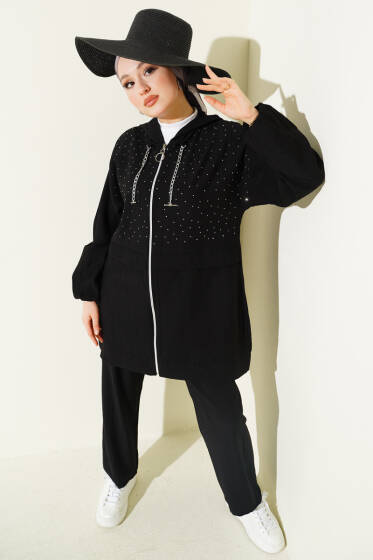 Fermuarlı Mini Taş Süslemeli İkili Takım Siyah - İkili Takım