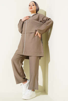 Fermuarlı Mini Taş Süslemeli İkili Takım Vizon - NESSİA