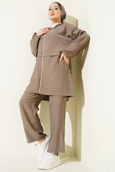 Fermuarlı Mini Taş Süslemeli İkili Takım Vizon - İkili Takım