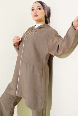 Fermuarlı Mini Taş Süslemeli İkili Takım Vizon - İkili Takım