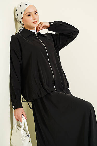 Fermuarlı Modal Etekli İkili Takım Siyah - İkili Takım