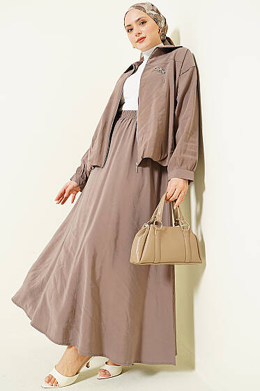 Fermuarlı Modal Etekli İkili Takım Vizon - İkili Takım