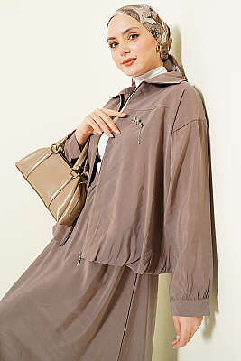 Fermuarlı Modal Etekli İkili Takım Vizon - İkili Takım