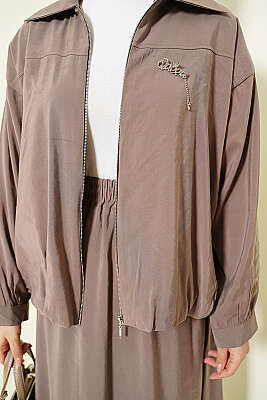 Fermuarlı Modal Etekli İkili Takım Vizon - İkili Takım