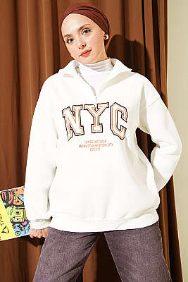 Fermuarlı Nyc Nakışlı Sweatshirt Ekru - CALİENTE