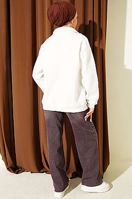 Fermuarlı Nyc Nakışlı Sweatshirt Ekru - Tunik