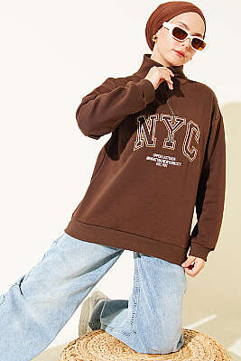 Fermuarlı Nyc Nakışlı Sweatshirt Kahve - CALİENTE