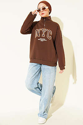 Fermuarlı Nyc Nakışlı Sweatshirt Kahve - Tunik