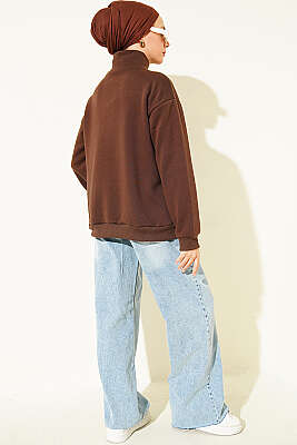 Fermuarlı Nyc Nakışlı Sweatshirt Kahve - Tunik