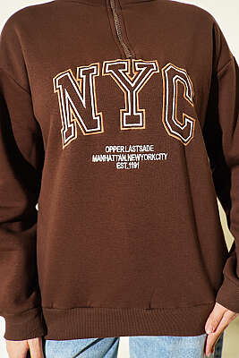 Fermuarlı Nyc Nakışlı Sweatshirt Kahve - Tunik