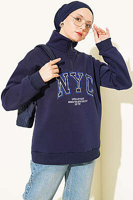 Fermuarlı Nyc Nakışlı Sweatshirt Lacivert - CALİENTE