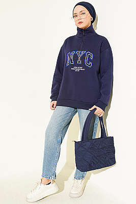 Fermuarlı Nyc Nakışlı Sweatshirt Lacivert - Tunik