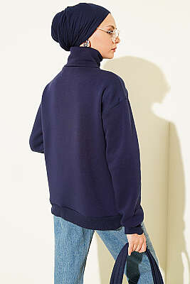 Fermuarlı Nyc Nakışlı Sweatshirt Lacivert - Tunik