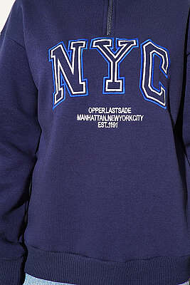 Fermuarlı Nyc Nakışlı Sweatshirt Lacivert - Tunik