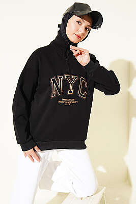 Fermuarlı Nyc Nakışlı Sweatshirt Siyah - CALİENTE