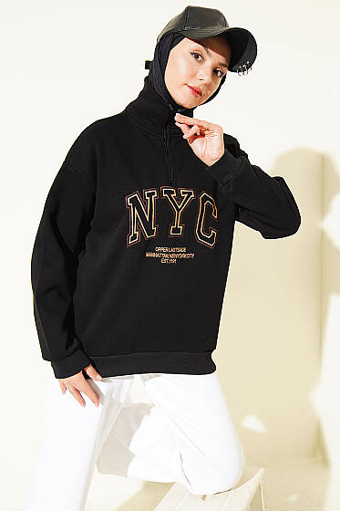 Fermuarlı Nyc Nakışlı Sweatshirt Siyah - Tunik