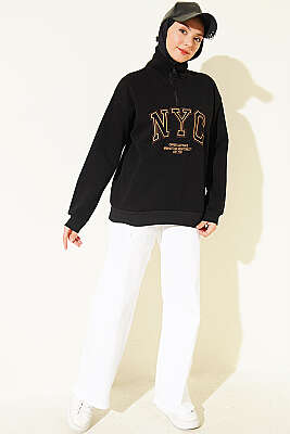 Fermuarlı Nyc Nakışlı Sweatshirt Siyah - Tunik