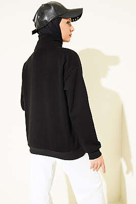 Fermuarlı Nyc Nakışlı Sweatshirt Siyah - Tunik