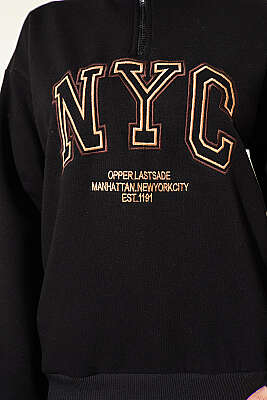 Fermuarlı Nyc Nakışlı Sweatshirt Siyah - Tunik