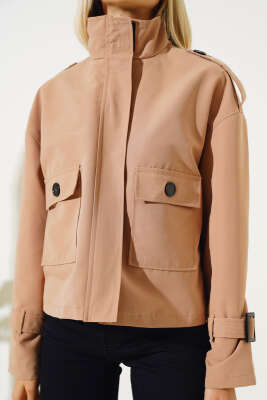 Fermuarlı Omuz Apoletli Kısa Ceket Camel - Kadın Giyim Modelleri