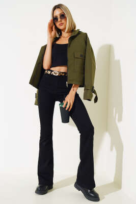 Fermuarlı Omuz Apoletli Kısa Ceket Haki - Kadın Giyim Modelleri