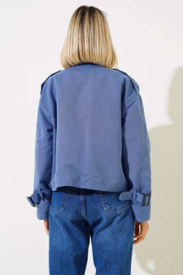 Fermuarlı Omuz Apoletli Kısa Ceket İndigo - Kadın Giyim Modelleri