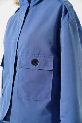 Fermuarlı Omuz Apoletli Kısa Ceket İndigo - Kadın Giyim Modelleri