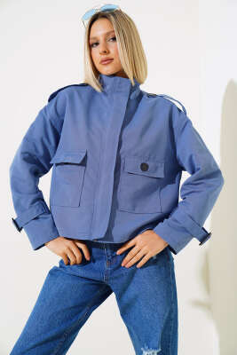 Fermuarlı Omuz Apoletli Kısa Ceket İndigo - Kadın Giyim Modelleri