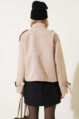 Fermuarlı Omuz Apoletli Kısa Ceket Latte - Kadın Giyim Modelleri