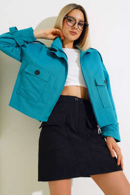 Fermuarlı Omuz Apoletli Kısa Ceket Petrol Yeşili - Kadın Giyim Modelleri