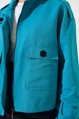 Fermuarlı Omuz Apoletli Kısa Ceket Petrol Yeşili - Kadın Giyim Modelleri