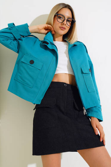 Fermuarlı Omuz Apoletli Kısa Ceket Petrol Yeşili - Yeni Giyim