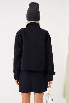 Fermuarlı Omuz Apoletli Kısa Ceket Siyah - Kadın Giyim Modelleri