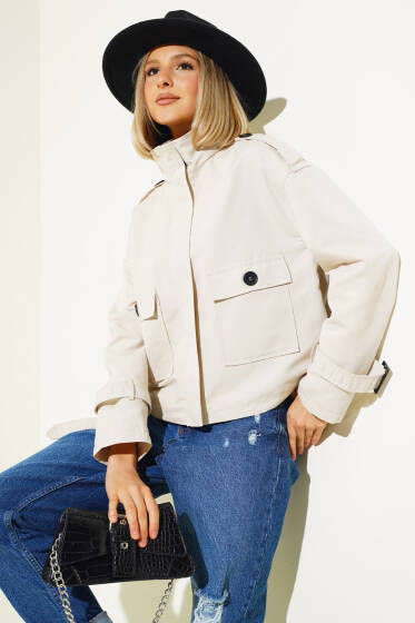 Fermuarlı Omuz Apoletli Kısa Ceket Taş - Kadın Giyim Modelleri