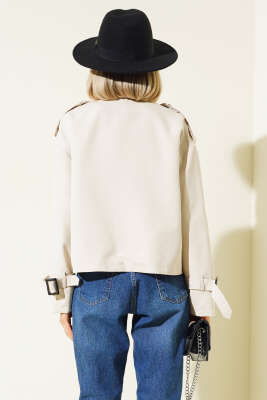 Fermuarlı Omuz Apoletli Kısa Ceket Taş - Kadın Giyim Modelleri