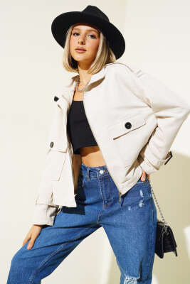 Fermuarlı Omuz Apoletli Kısa Ceket Taş - Kadın Giyim Modelleri