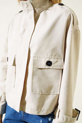 Fermuarlı Omuz Apoletli Kısa Ceket Taş - Kadın Giyim Modelleri