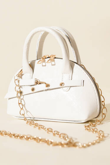 Fermuarlı Oval Mini El Çanta Beyaz - Kol Çantası