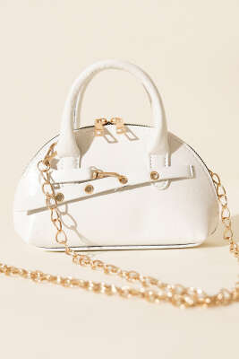 Fermuarlı Oval Mini El Çanta Beyaz - Kol Çantası