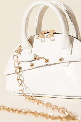 Fermuarlı Oval Mini El Çanta Beyaz - Kol Çantası