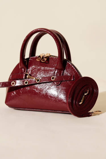 Fermuarlı Oval Mini El Çanta Bordo - Kol Çantası