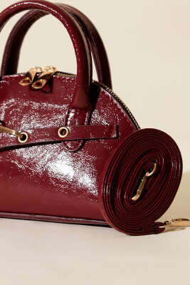 Fermuarlı Oval Mini El Çanta Bordo - Kol Çantası